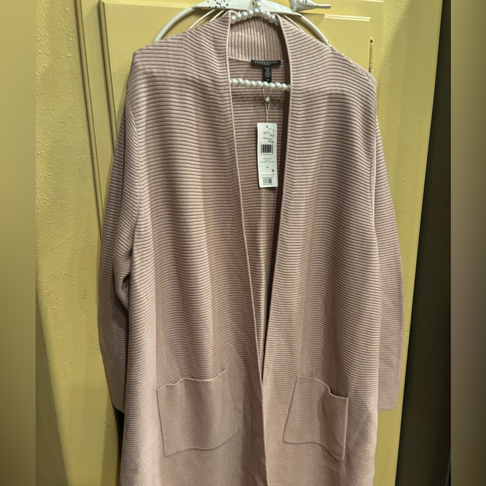 Eileen Fisher Long Ribbed Open-Front Cardigan in Dusty Rose